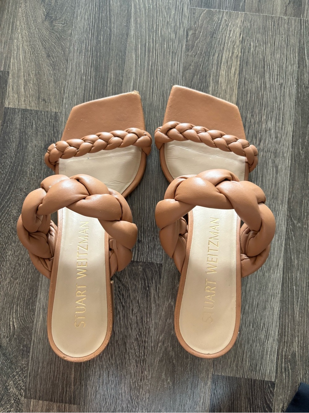 Stuart Weitzman Cognac Braided Leather Slide Sandals